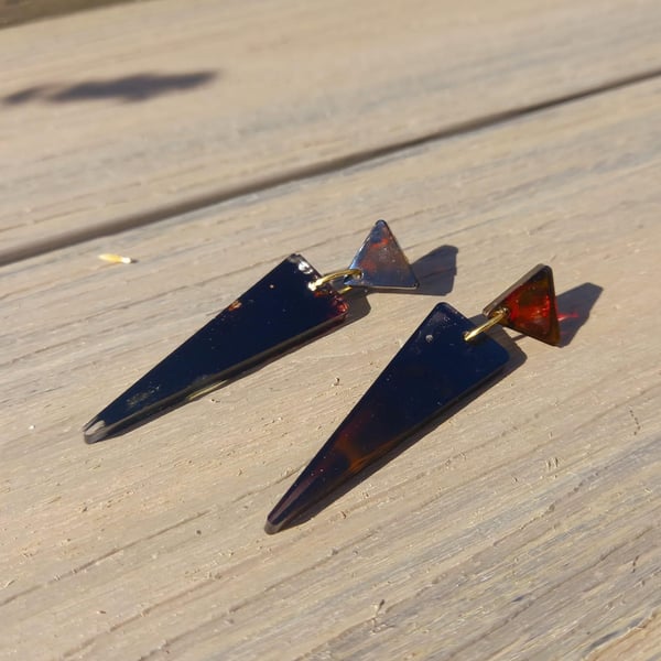 Small Funky Dark and Stormy Red and Black Triangle Stud Earrings