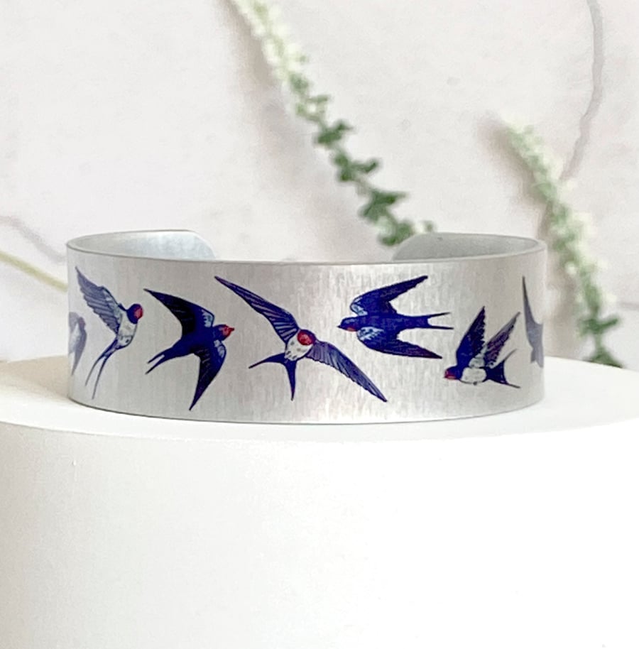 Swallows cuff bracelet, blue birds metal bangle. Can be personalised. (49)