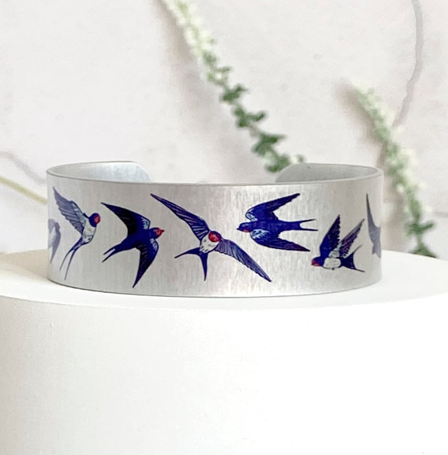 SALE. Swallows cuff bracelet, blue birds metal bangle. Perfectly imperfect