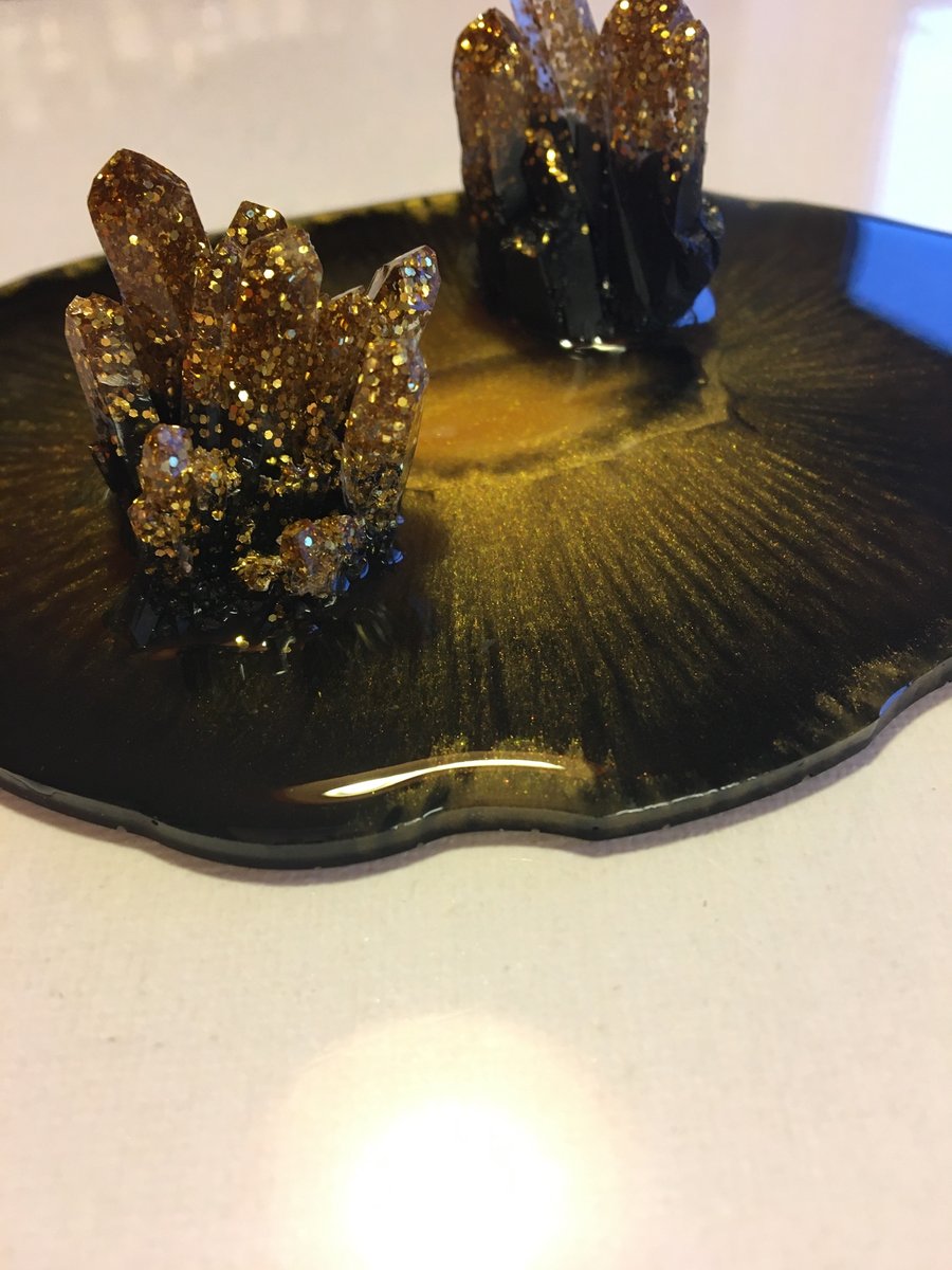 Business card holder, phone rest, resin, black and gold 