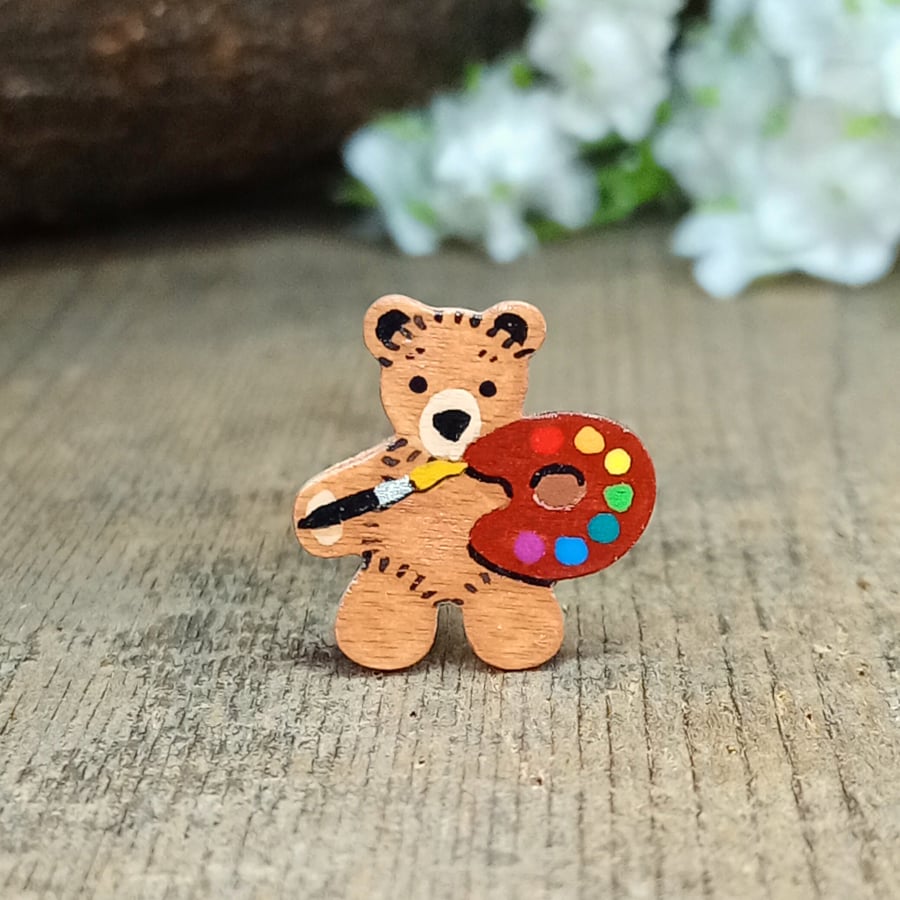 Artist Gift, Handmade Tiny Painter Teddy Bear Pin, Art Student Teacher Gift