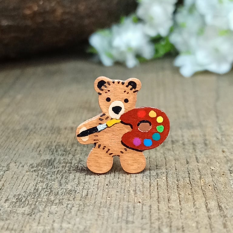 Artist Gift, Handmade Tiny Painter Teddy Bear Pin, Art Student Teacher Gift
