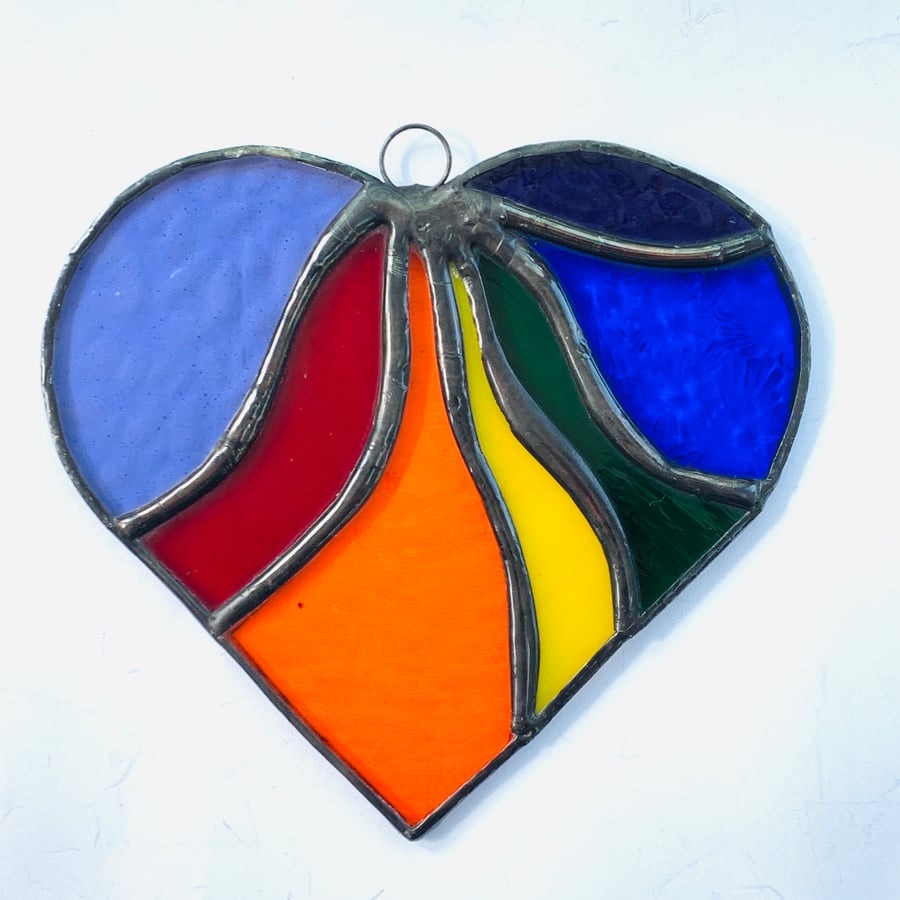 Stained Glass Wavy Heart Suncatcher - Multi Rainbow