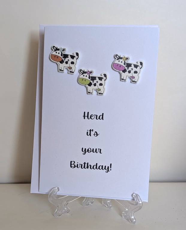 Herd it's your birthday greetings card with wooden cow buttons. 