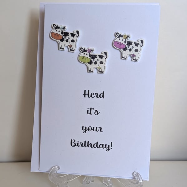 Herd it's your birthday greetings card with wooden cow buttons. 