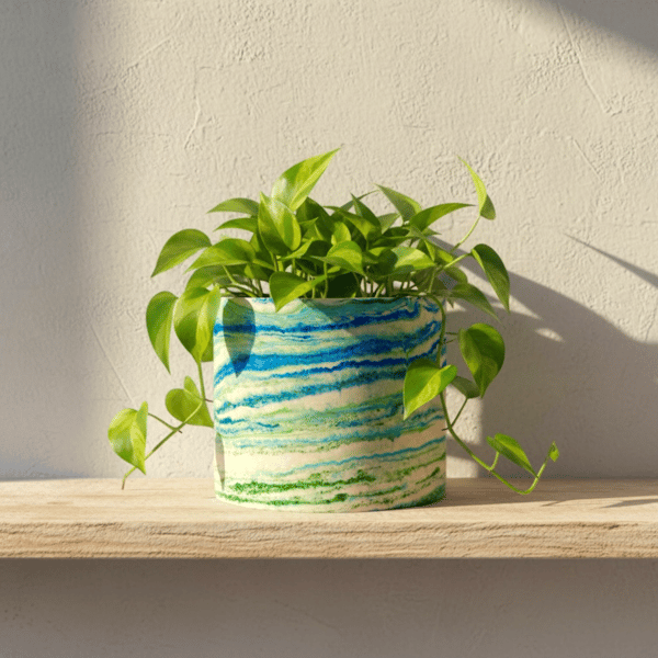 Seascape 15cm Marbled Plant Pot  - Blue and Green Large Round Pot Cover (lpp27)