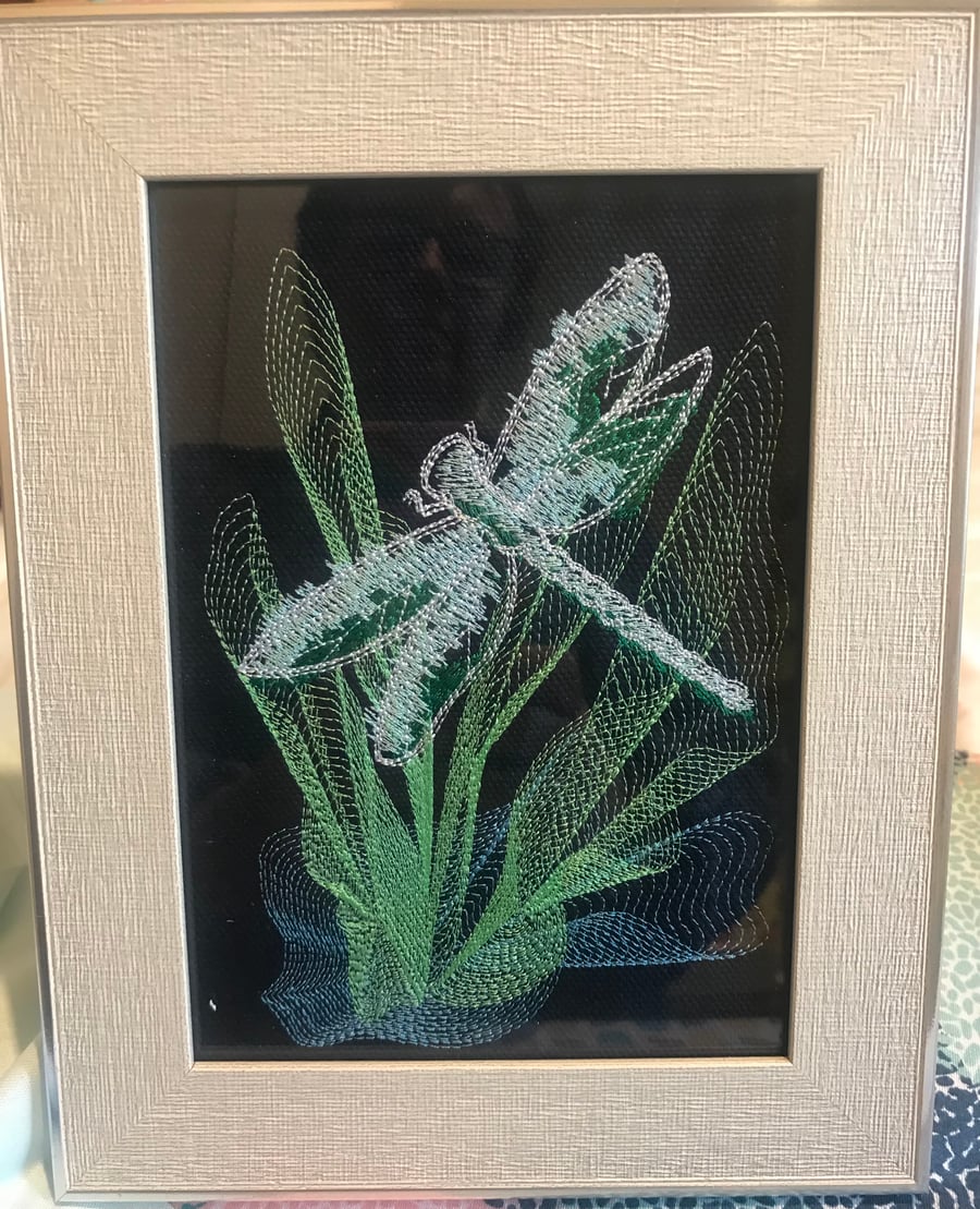 Dragonfly Machine Embroidery Art in Light Beech Colour Frame 
