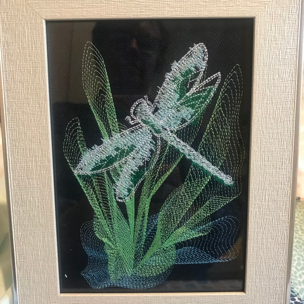 Dragonfly Machine Embroidery Art in Light Beech Colour Frame 