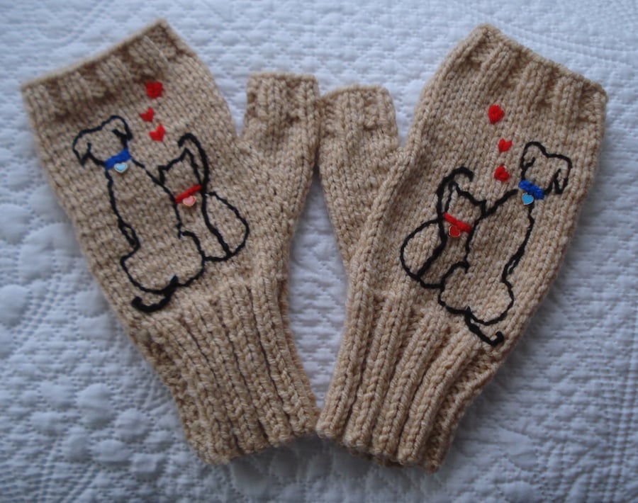 Knitted Terra cotta Fingerless Gloves With Embroidered Dog And Cat (J165)