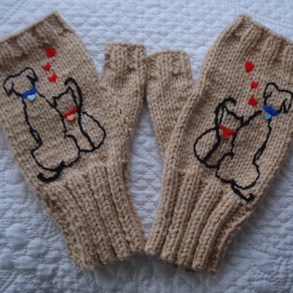 Knitted Terra cotta Fingerless Gloves With Embroidered Dog And Cat (J165)