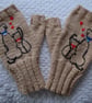 Knitted Terra cotta Fingerless Gloves With Embroidered Dog And Cat (J165)