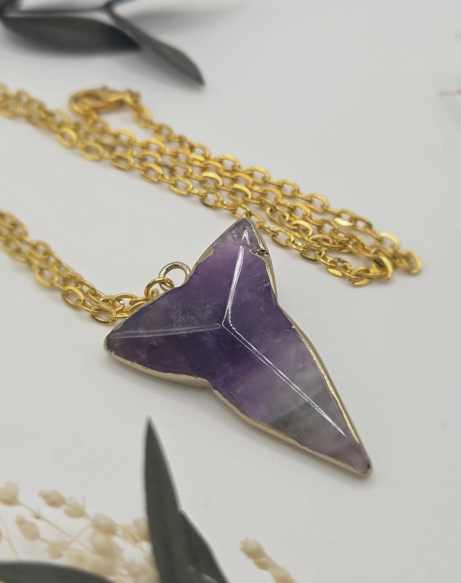 Polished Amethyst Arrowhead Necklace, with Gold Chain