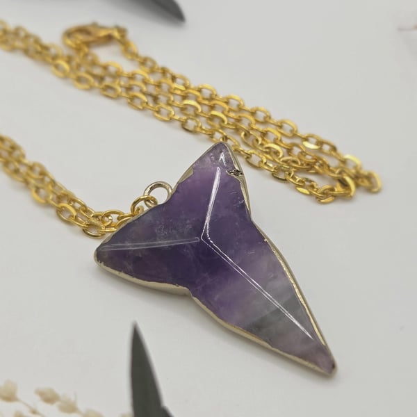 Polished Amethyst Arrowhead Necklace, with Gold Chain