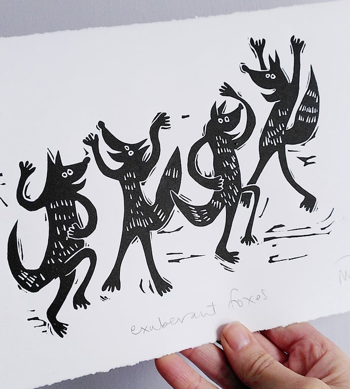 Exuberant Foxes - Lino cut print