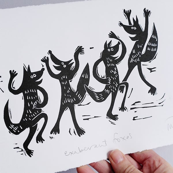 Exuberant Foxes - Lino cut print