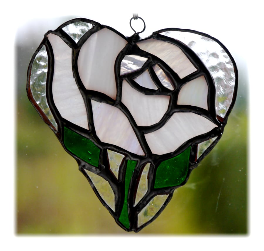 White Rose Heart Suncatcher Stained Glass 013
