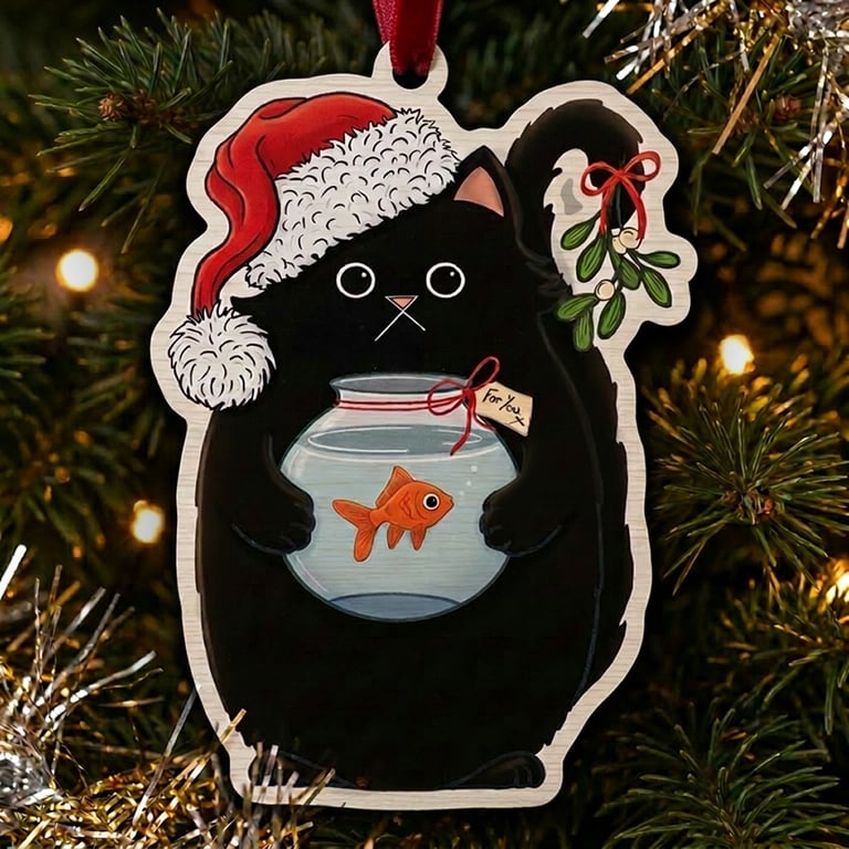 Mistletoe Cat Wooden Decoration - Funny Black Cat Christmas Ornament With Fish