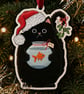Mistletoe Cat Wooden Decoration - Funny Black Cat Christmas Ornament With Fish