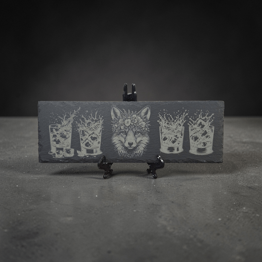 Fox Whisky Slate – Rustic Fox Whisky Serving Board – Woodland Bar Decor