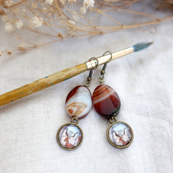Boho Earrings with Agate Stones and Art Charms, Asymmetrical Brown Earrings 