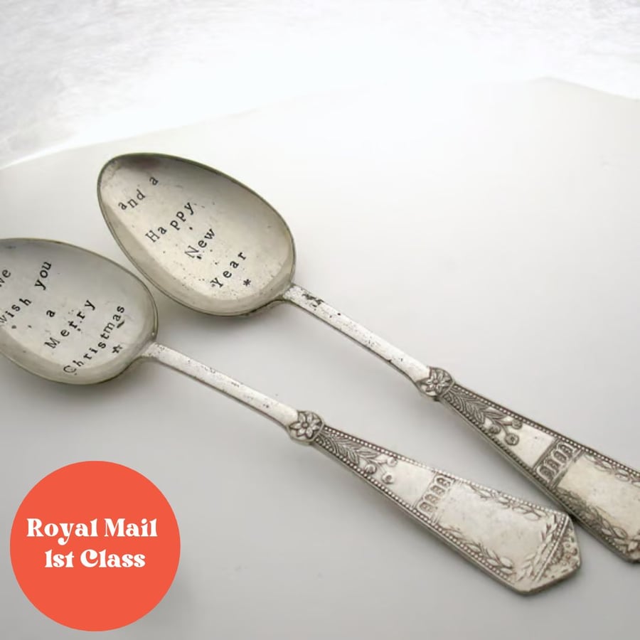 Merry Christmas and Happy New Year Handstamped Spoon Pair