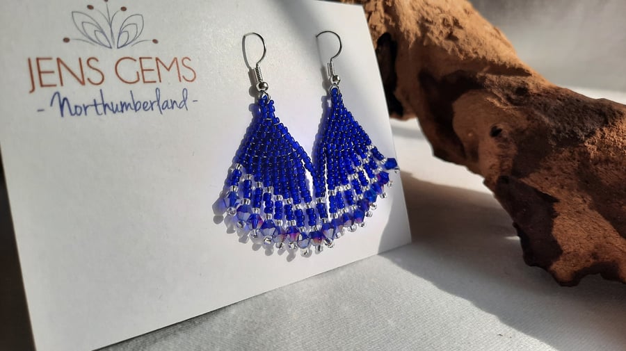 Navy Blue Beadwork Tassel Earrings