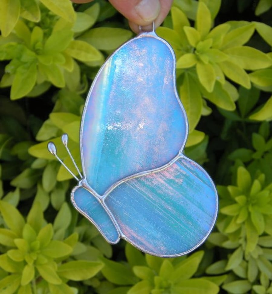 Stained Glass Butterfly with iridescent turquoise and white glass