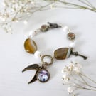 Boho Style Bracelet with Agate Beads, Faux Pearls and Naive Art Charm 