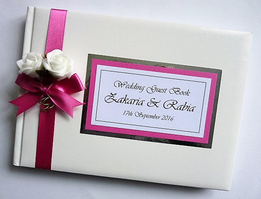 Wedding guest book with roses, hot pink and white wedding guest book