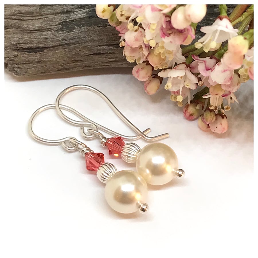 Pearl Earrings with Swarovski Crystals, Sterling Silver