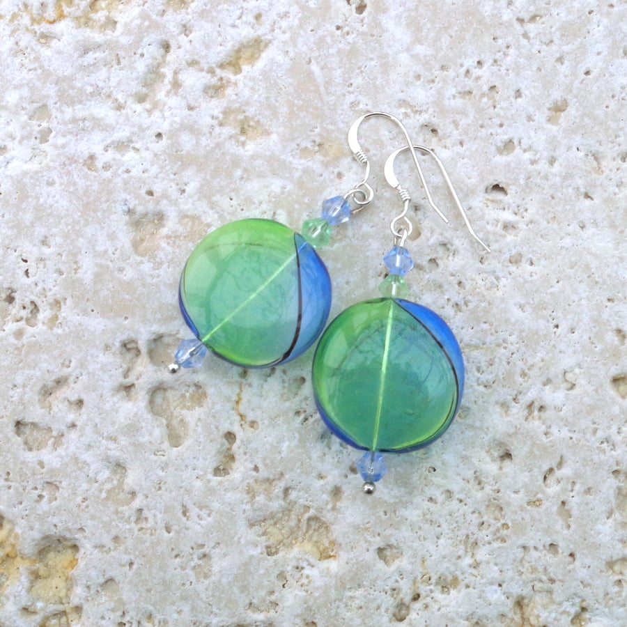 Blue & green unique hollow glass bead & crystal drop earrings