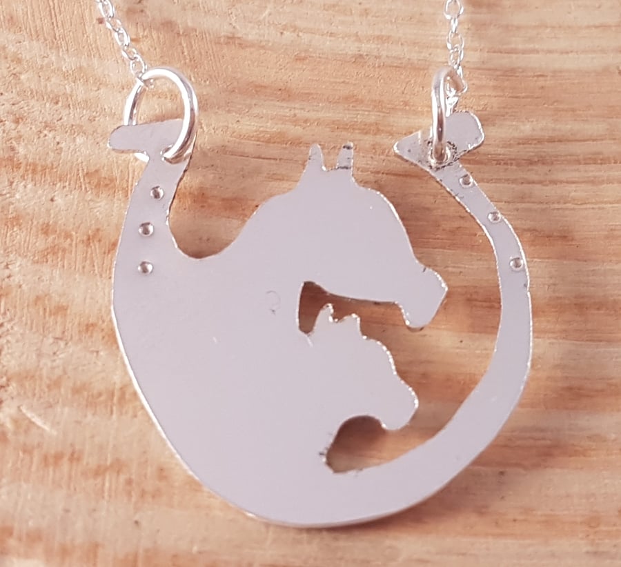 Sterling Silver Horse Shoe Necklace with Horse and Foal