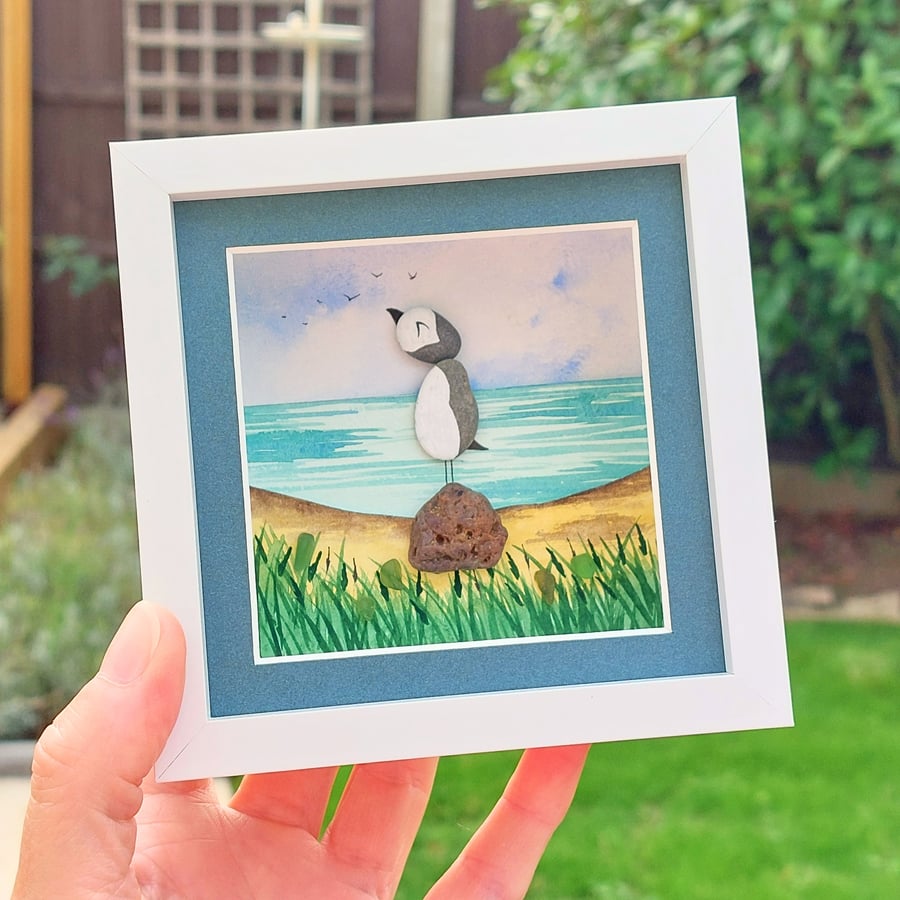 Sea Glass Puffin Desk Art - Handmade Coastal Watercolour Picture
