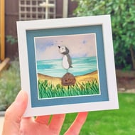 Sea Glass Puffin Desk Art - Handmade Coastal Watercolour Picture