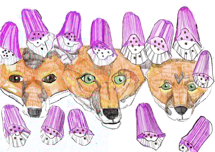 Foxes in the foxgloves postcard