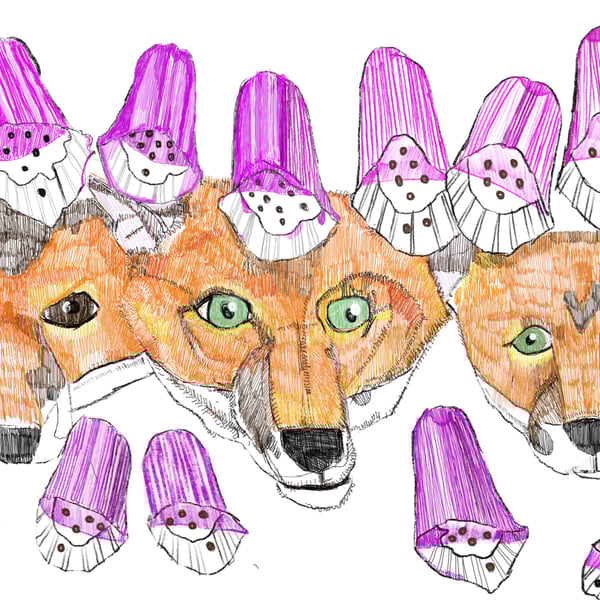 Foxes in the foxgloves postcard