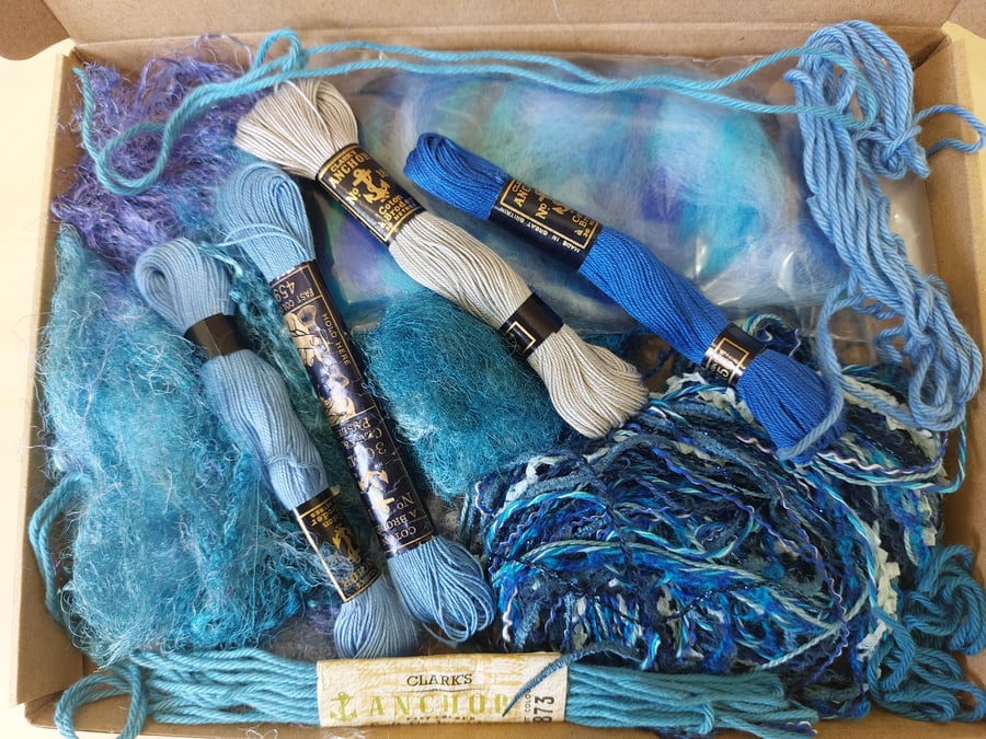 Textile Embroidery Collage Kit Blues
