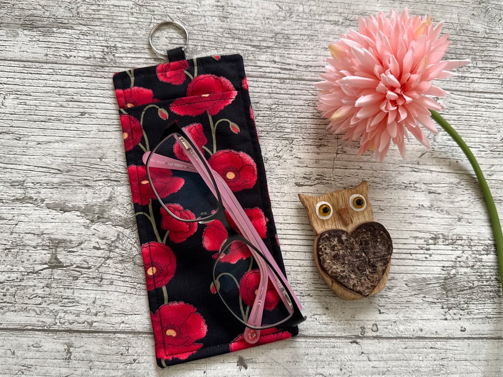 Fabric glasses pouch for lanyards poppy on black design teacher nurse doctor
