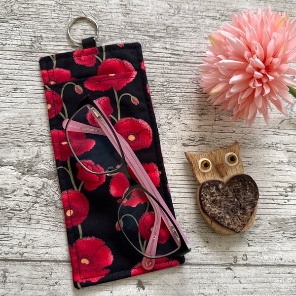 Fabric glasses pouch for lanyards poppy on black design teacher nurse doctor