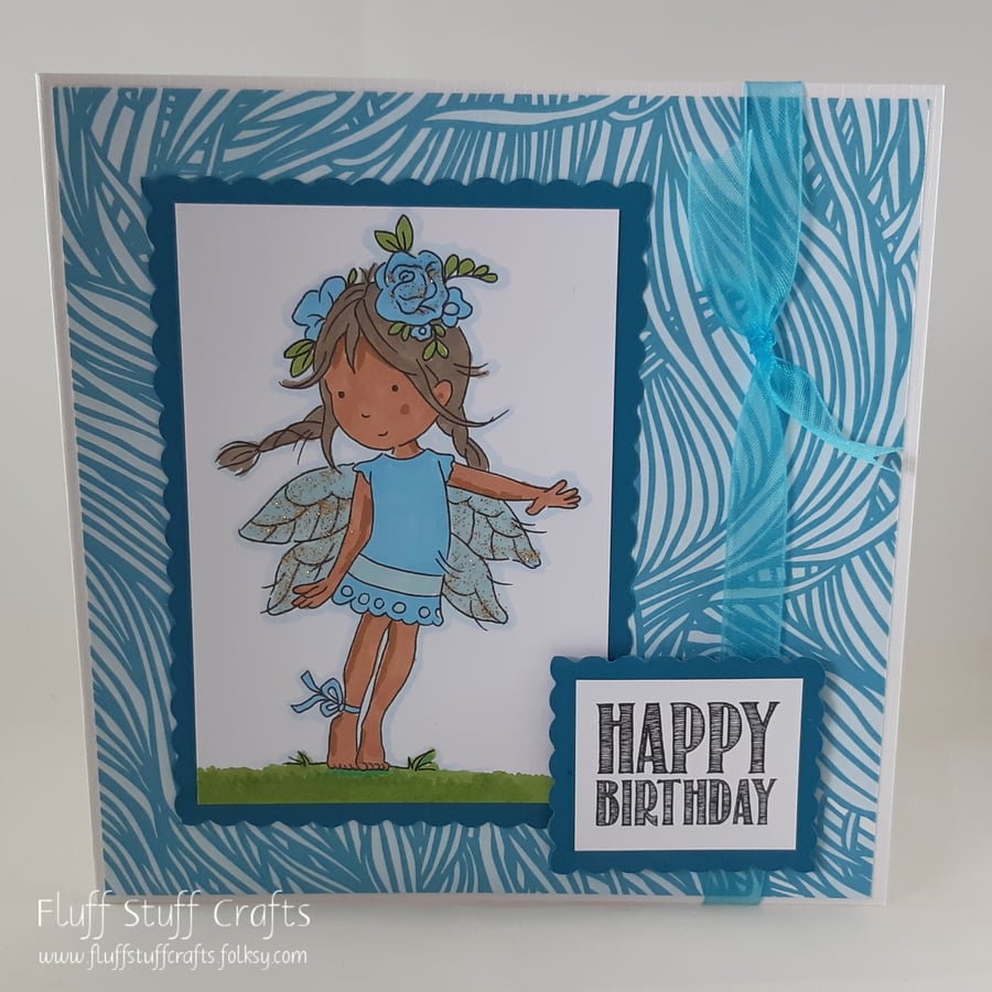 Handmade teal fairy birthday card