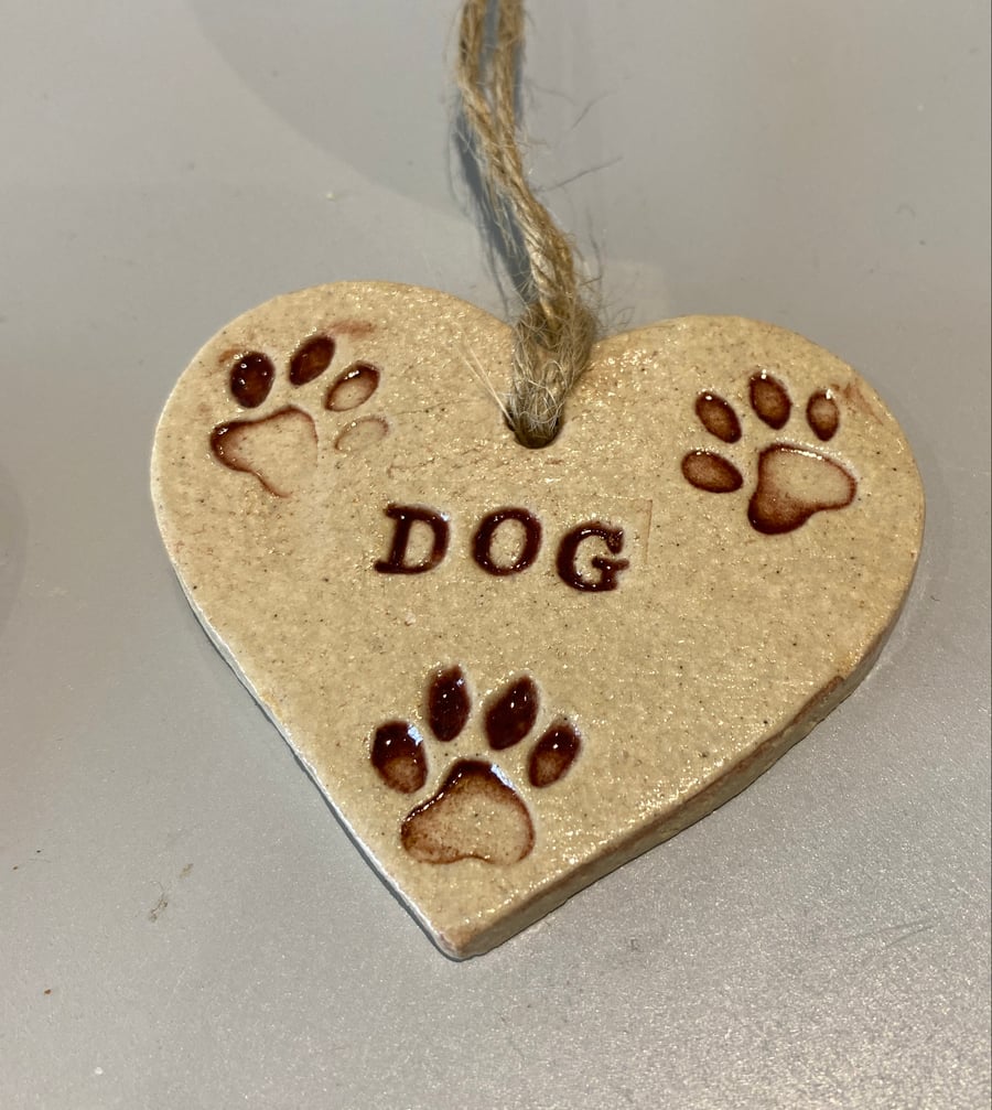 Dog and Paw prints - ceramic heart, hanging heart, decorative, gift ornament, 