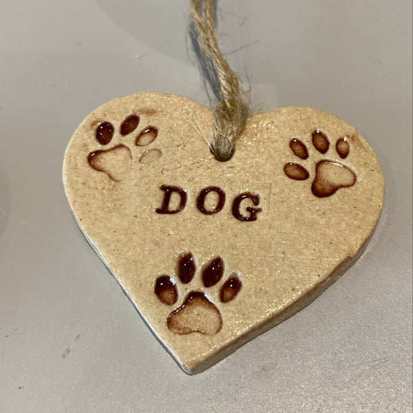 Dog and Paw prints - ceramic heart, hanging heart, decorative, gift ornament, 