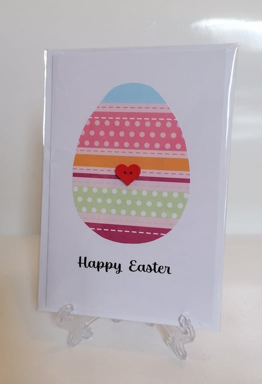 Happy Easter - pink striped Easter egg with a heart button greetings card 
