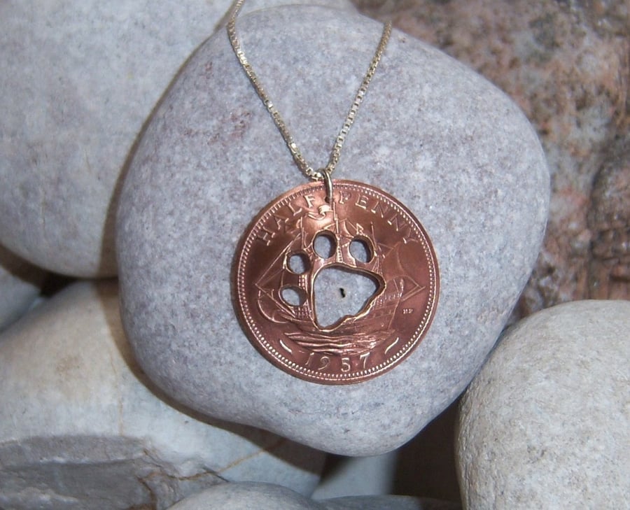 Paw in bronze halfpenny coin pendant
