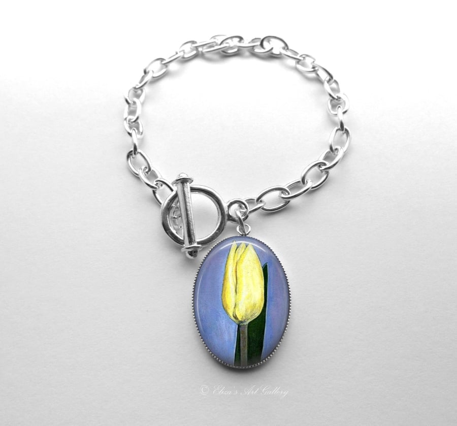 Silver Plated Yellow Tulip Art Large Link Charm Bracelet With Toggle