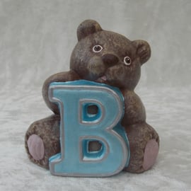 Ceramic Hand Painted Small Alphabet Brown Bear Blue Letter B Figurine Ornament.