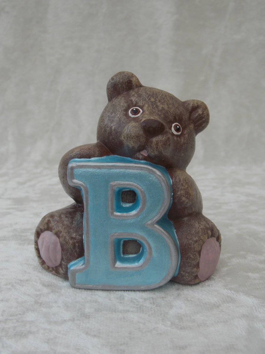 Ceramic Hand Painted Small Alphabet Brown Bear Blue Letter B Figurine Ornament.