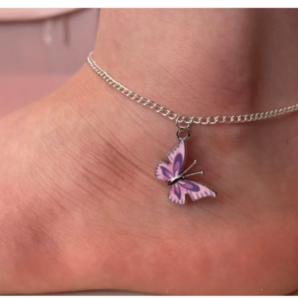 Silvertone butterfly purple pendant curb chain anklet