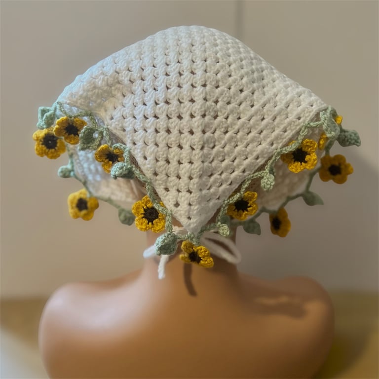 Crochet Sunflower Bandana Headscarf – Boho Summer Festival accessories 