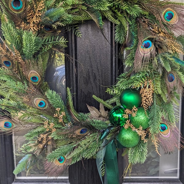 50cm Festive Floral Door Wreath - Peacock Feathers